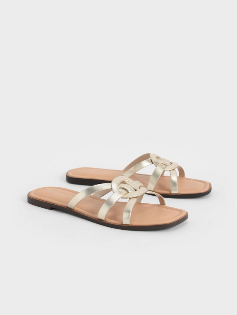 Charles And Keith Ring Detail Metallic Strappy Flats Slides Gold | PHILIPPINES F820