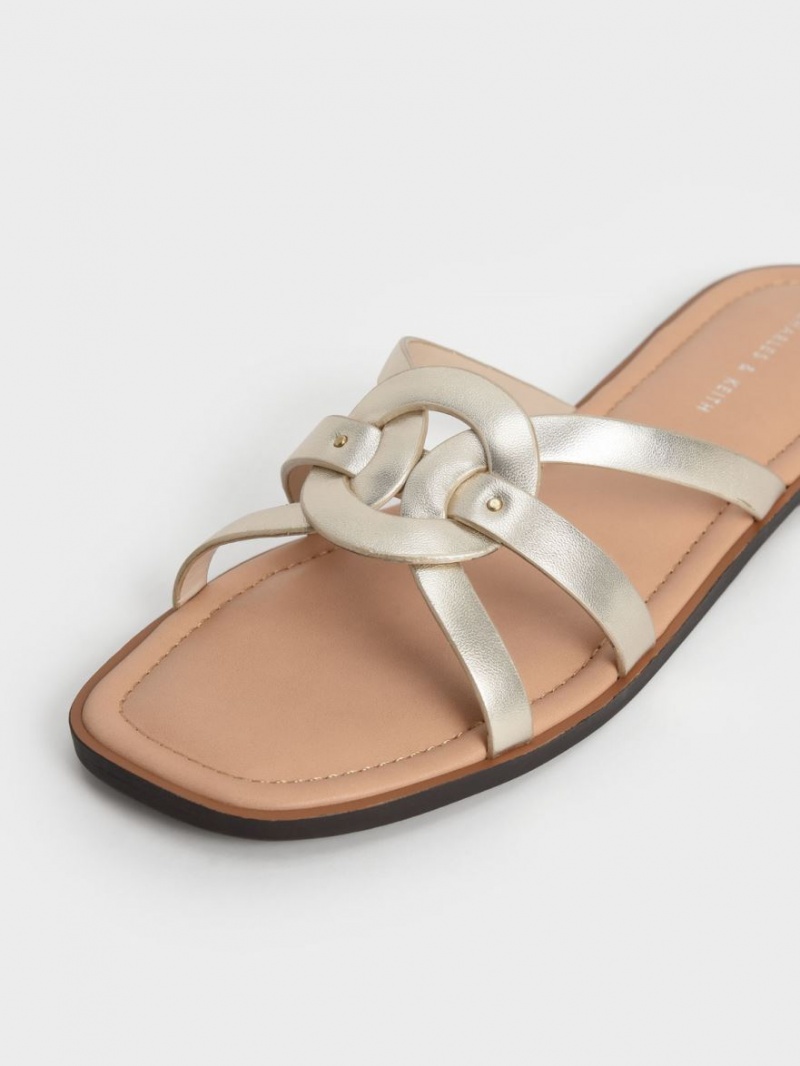 Charles And Keith Ring Detail Metallic Strappy Flats Slides Gold | PHILIPPINES F820