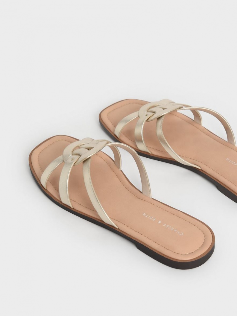 Charles And Keith Ring Detail Metallic Strappy Flats Slides Gold | PHILIPPINES F820