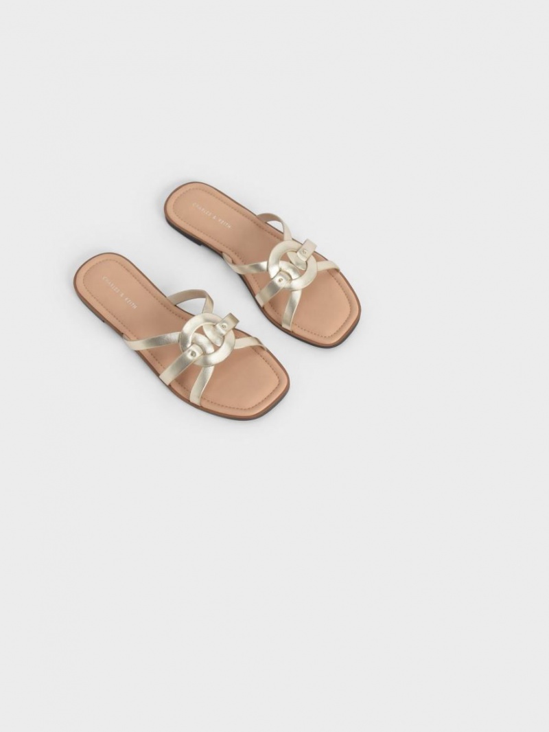 Charles And Keith Ring Detail Metallic Strappy Flats Slides Gold | PHILIPPINES F820