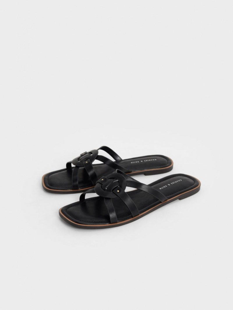 Charles And Keith Ring Detail Strappy Flats Slides Black | PHILIPPINES G059