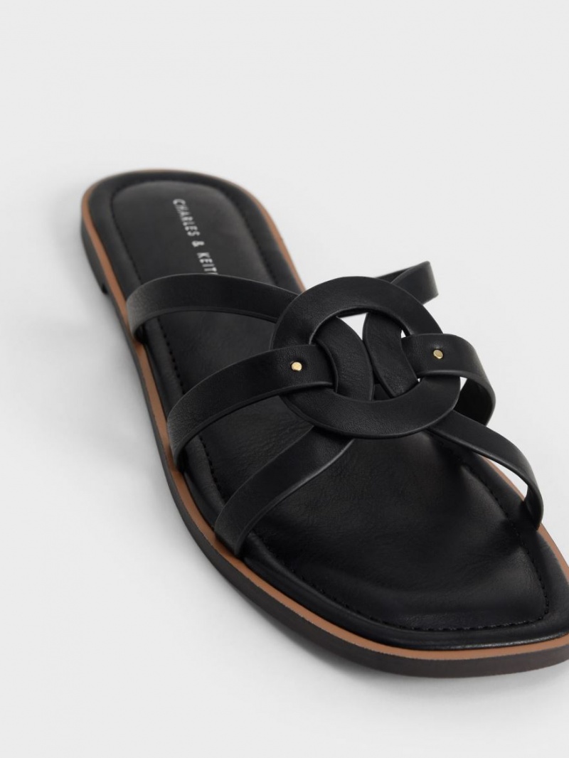 Charles And Keith Ring Detail Strappy Flats Slides Black | PHILIPPINES G059