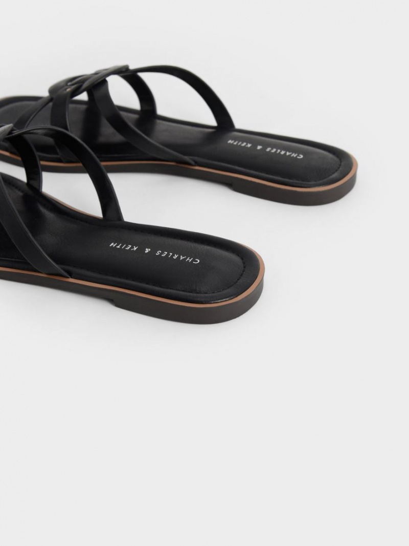 Charles And Keith Ring Detail Strappy Flats Slides Black | PHILIPPINES G059