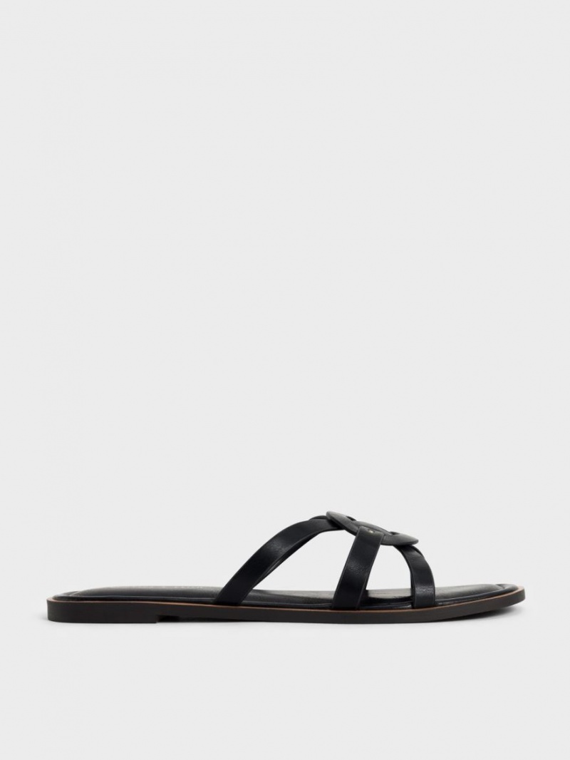 Charles And Keith Ring Detail Strappy Flats Slides Black | PHILIPPINES G059