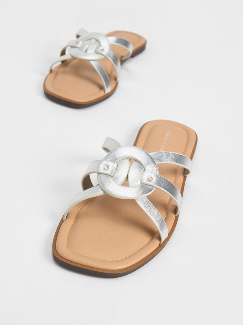 Charles And Keith Ring Detail Strappy Flats Slides Silver | PHILIPPINES N495