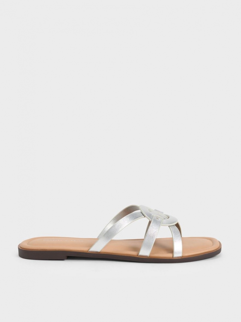 Charles And Keith Ring Detail Strappy Flats Slides Silver | PHILIPPINES N495