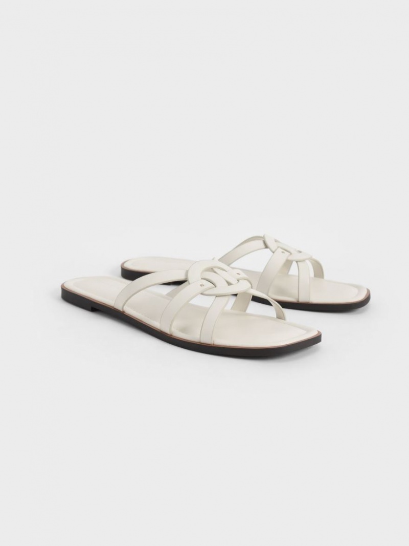 Charles And Keith Ring Detail Strappy Flats Slides White | PHILIPPINES M072