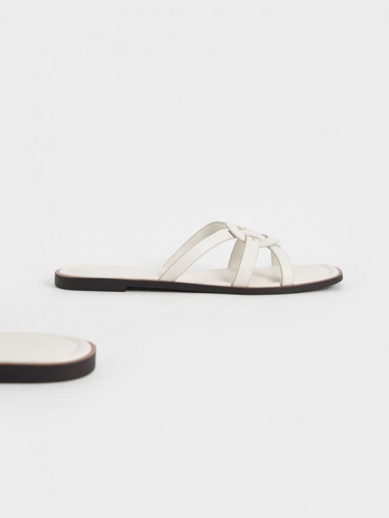 Charles And Keith Ring Detail Strappy Flats Slides White | PHILIPPINES M072