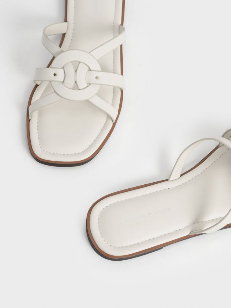 Charles And Keith Ring Detail Strappy Flats Slides White | PHILIPPINES M072