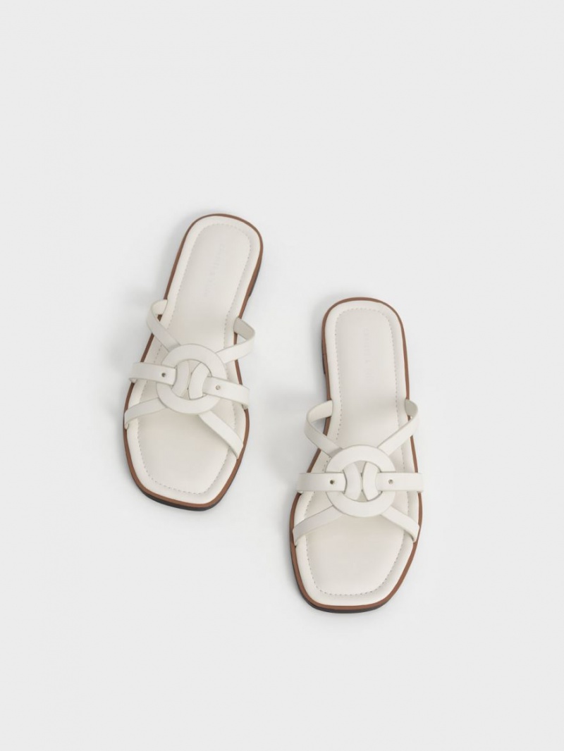 Charles And Keith Ring Detail Strappy Flats Slides White | PHILIPPINES M072