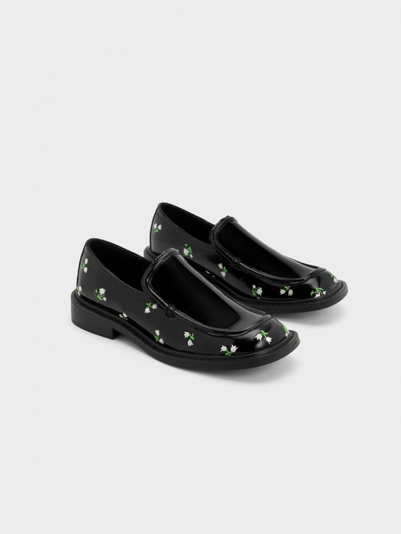 Charles And Keith Rosalie Floral Leather Loafers Black | PHILIPPINES K196