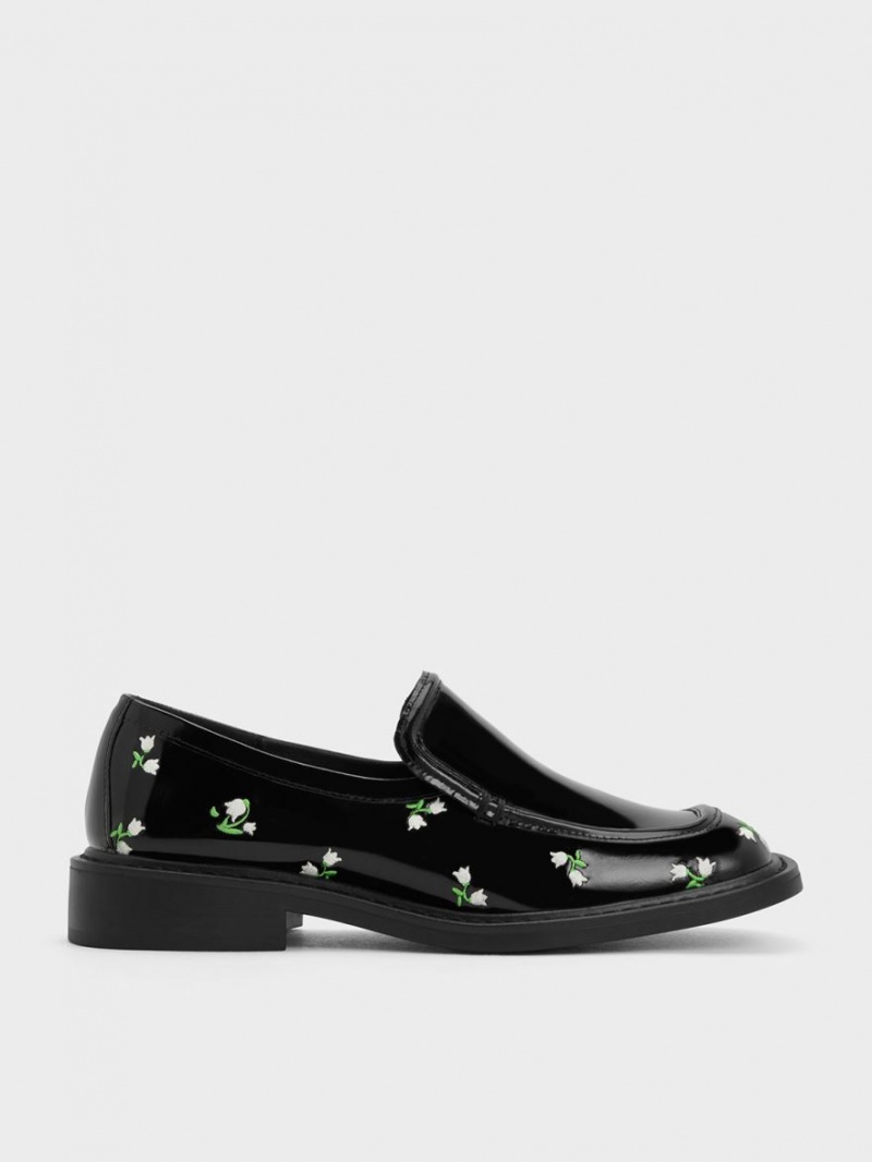 Charles And Keith Rosalie Floral Leather Loafers Black | PHILIPPINES K196