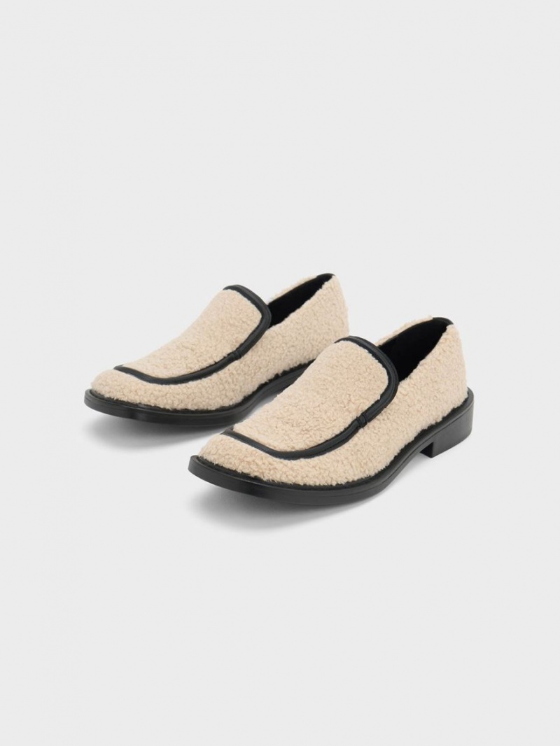 Charles And Keith Rosalie Furry Leather Loafers Beige | PHILIPPINES N342