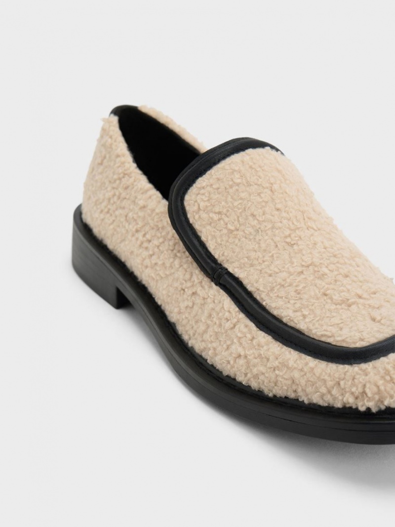 Charles And Keith Rosalie Furry Leather Loafers Beige | PHILIPPINES N342