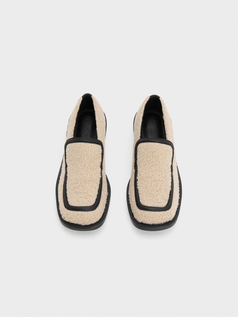 Charles And Keith Rosalie Furry Leather Loafers Beige | PHILIPPINES N342