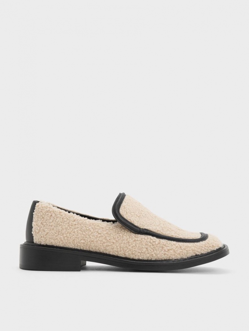 Charles And Keith Rosalie Furry Leather Loafers Beige | PHILIPPINES N342