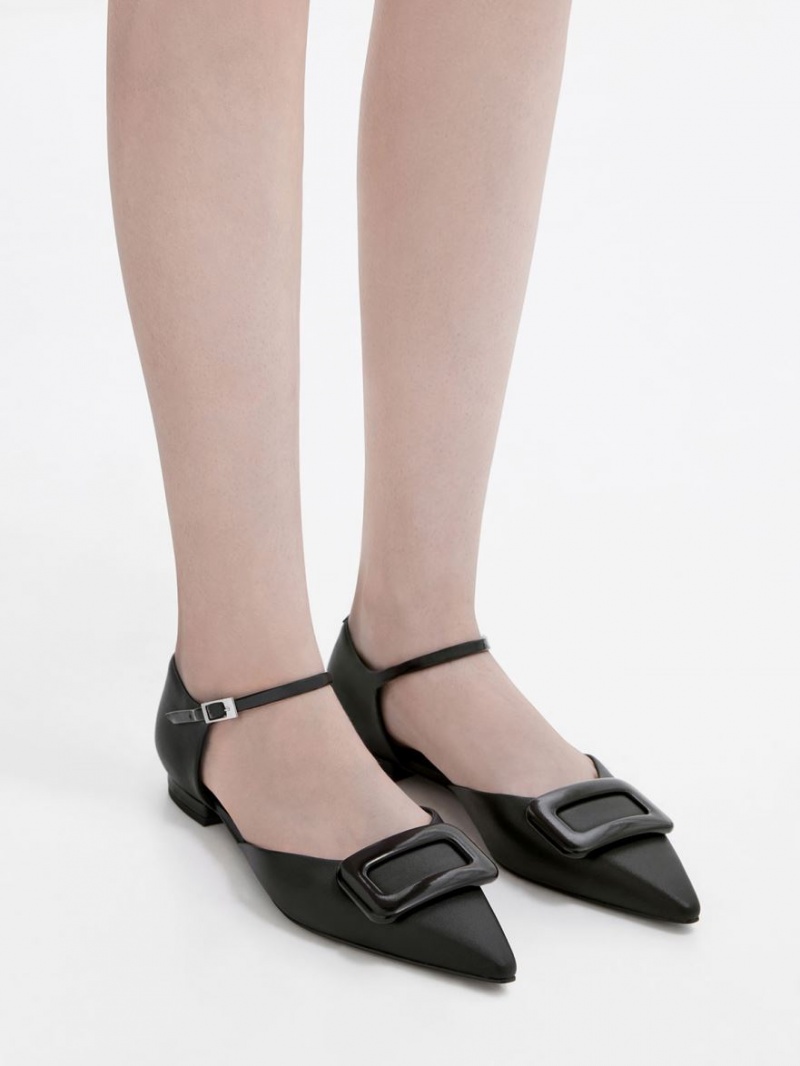 Charles And Keith Rosalie Leather D'Orsay Flat Shoes Black | PHILIPPINES R572