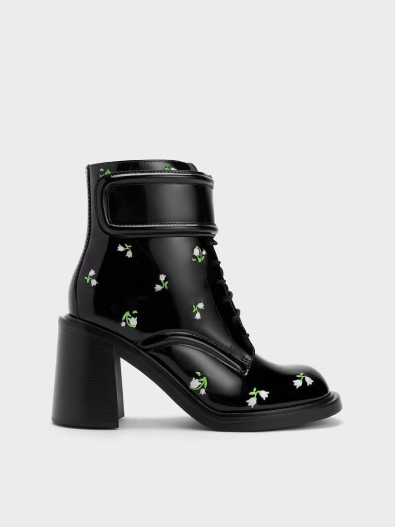 Charles And Keith Rosalie Leather Floral Ankle Boots Black | PHILIPPINES U518