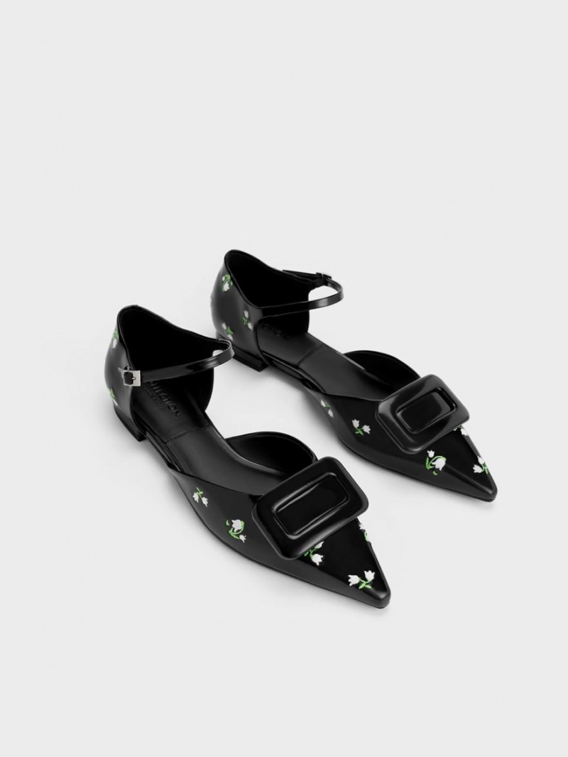 Charles And Keith Rosalie Leather Floral D'Orsay Flat Shoes Black | PHILIPPINES P683