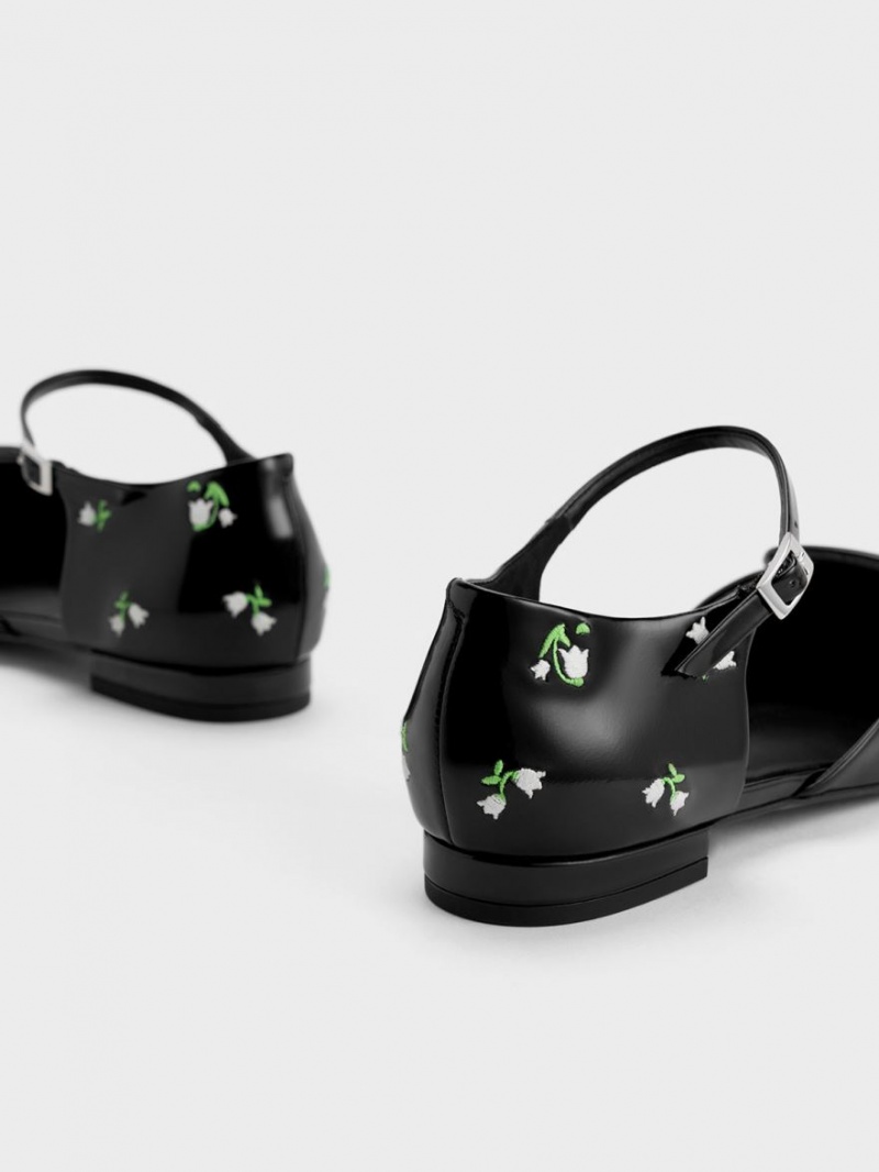 Charles And Keith Rosalie Leather Floral D'Orsay Flat Shoes Black | PHILIPPINES P683