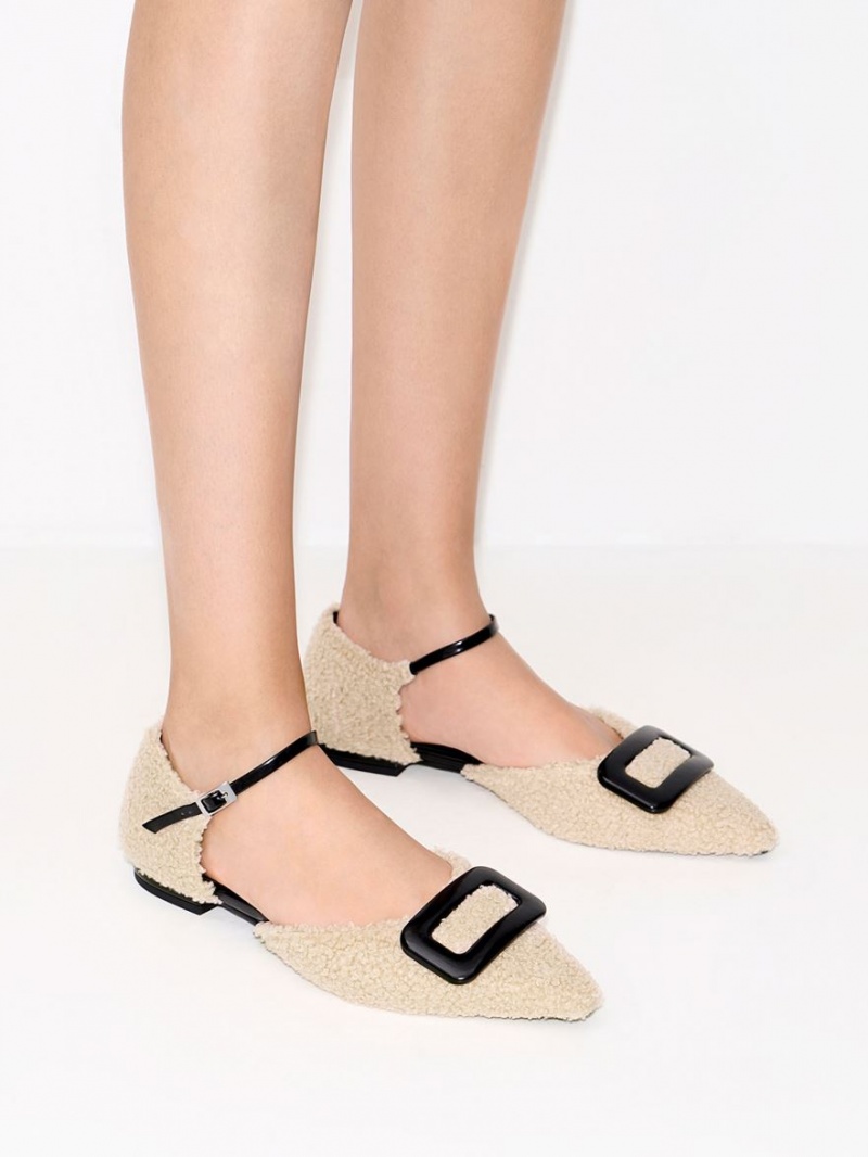 Charles And Keith Rosalie Leather Furry D'Orsay Flat Shoes Beige | PHILIPPINES W065