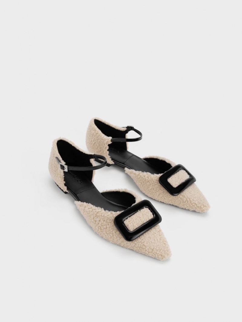 Charles And Keith Rosalie Leather Furry D'Orsay Flat Shoes Beige | PHILIPPINES W065