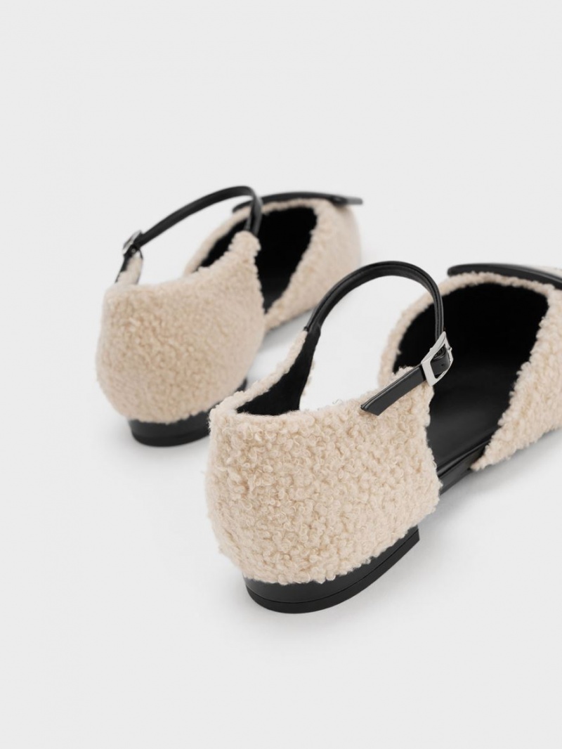 Charles And Keith Rosalie Leather Furry D'Orsay Flat Shoes Beige | PHILIPPINES W065