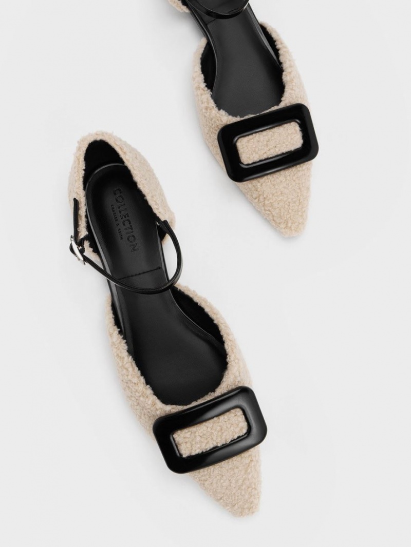 Charles And Keith Rosalie Leather Furry D'Orsay Flat Shoes Beige | PHILIPPINES W065