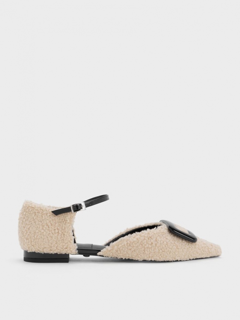 Charles And Keith Rosalie Leather Furry D\'Orsay Flat Shoes Beige | PHILIPPINES W065