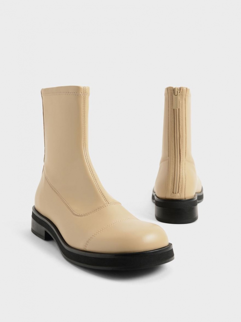 Charles And Keith Round Toe Zip-Up Ankle Boots Beige | PHILIPPINES Y436