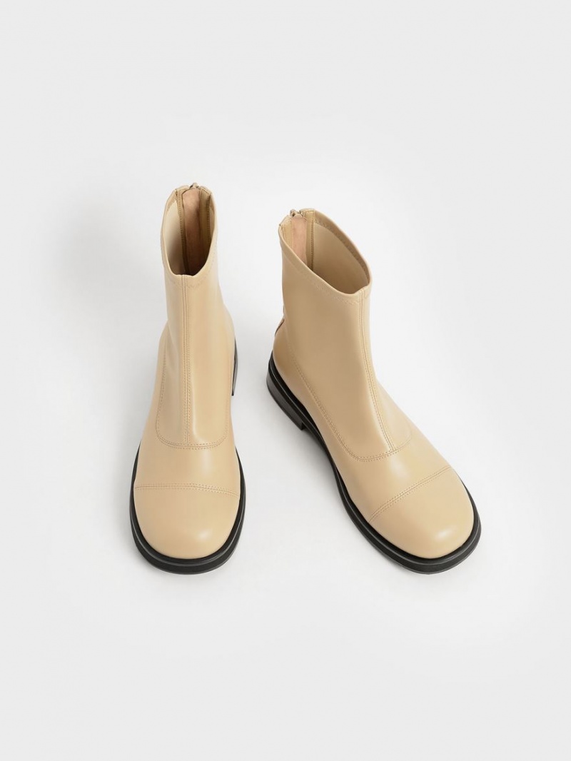 Charles And Keith Round Toe Zip-Up Ankle Boots Beige | PHILIPPINES Y436