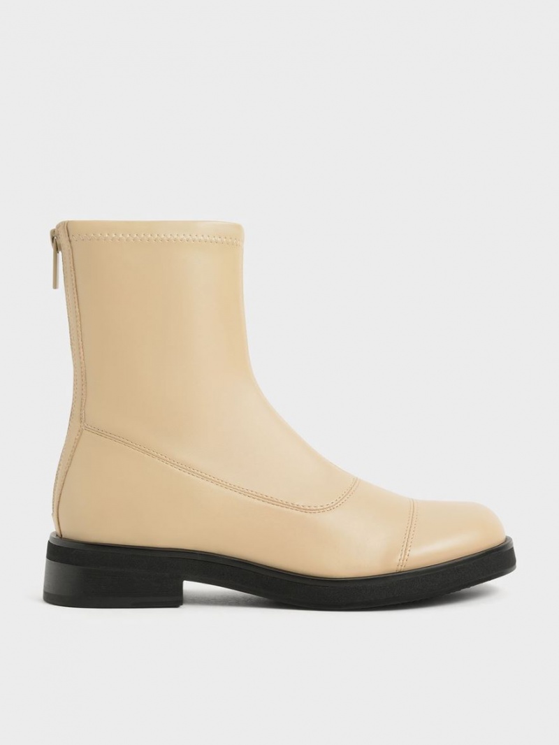 Charles And Keith Round Toe Zip-Up Ankle Boots Beige | PHILIPPINES Y436