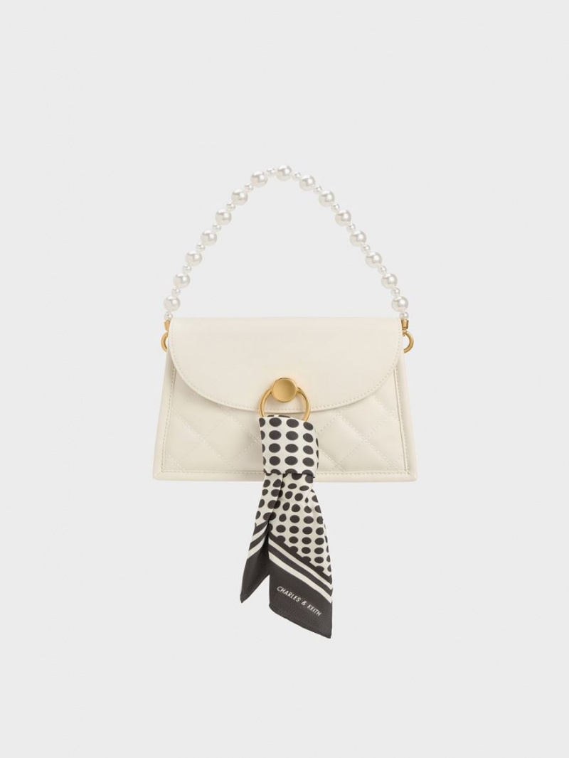 Charles And Keith Roza Beaded Handle Scarf Shoulder Bags Cream | PHILIPPINES A640