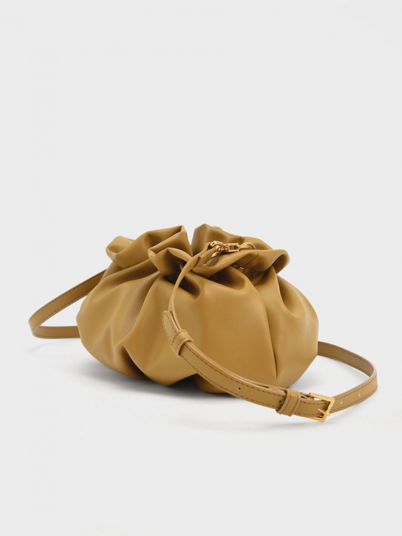 Charles And Keith Ruched Bead-Embellished Crossbody Bags Mustard | PHILIPPINES Z615