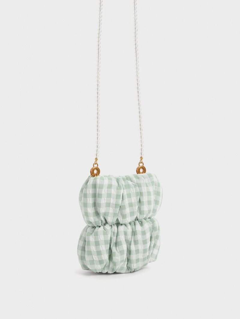 Charles And Keith Ruched Bead-Handle Check-Print Crossbody Bags Green | PHILIPPINES L268