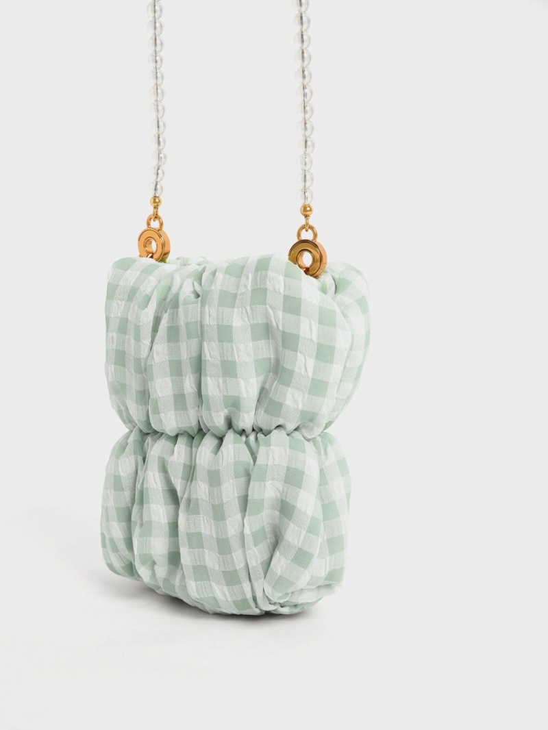 Charles And Keith Ruched Bead-Handle Check-Print Crossbody Bags Green | PHILIPPINES L268