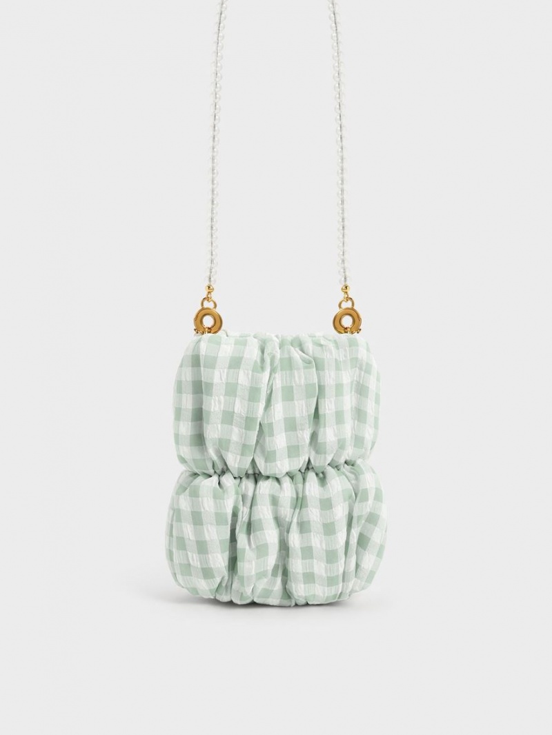 Charles And Keith Ruched Bead-Handle Check-Print Crossbody Bags Green | PHILIPPINES L268