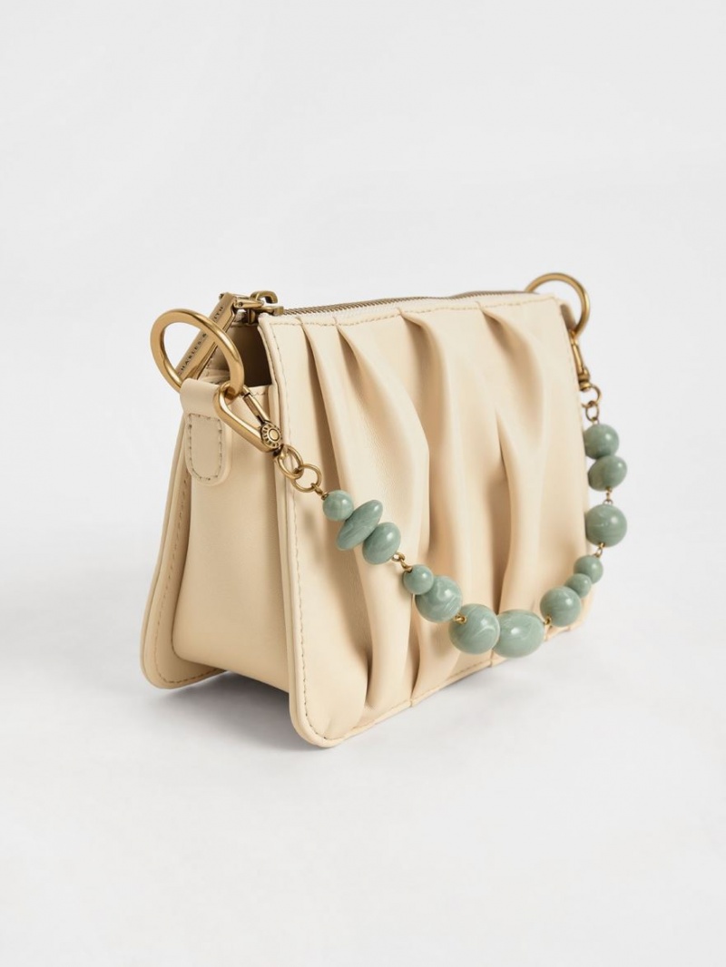 Charles And Keith Ruched Bead-Handle Shoulder Bags Beige | PHILIPPINES S853