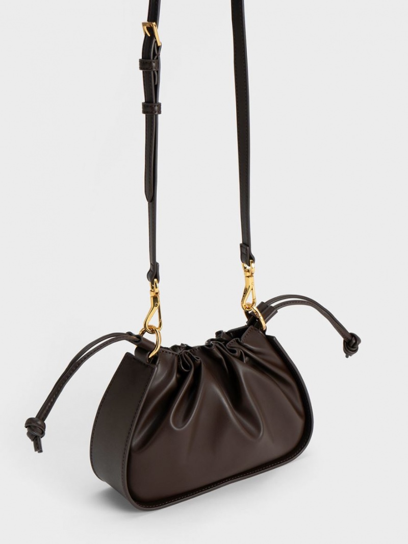 Charles And Keith Ruched Chain Handle Drawstring Shoulder Bags Dark Brown | PHILIPPINES I367