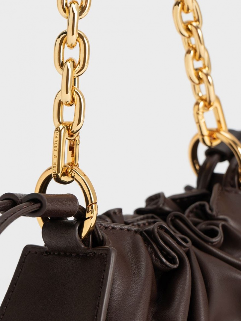 Charles And Keith Ruched Chain Handle Drawstring Shoulder Bags Dark Brown | PHILIPPINES I367