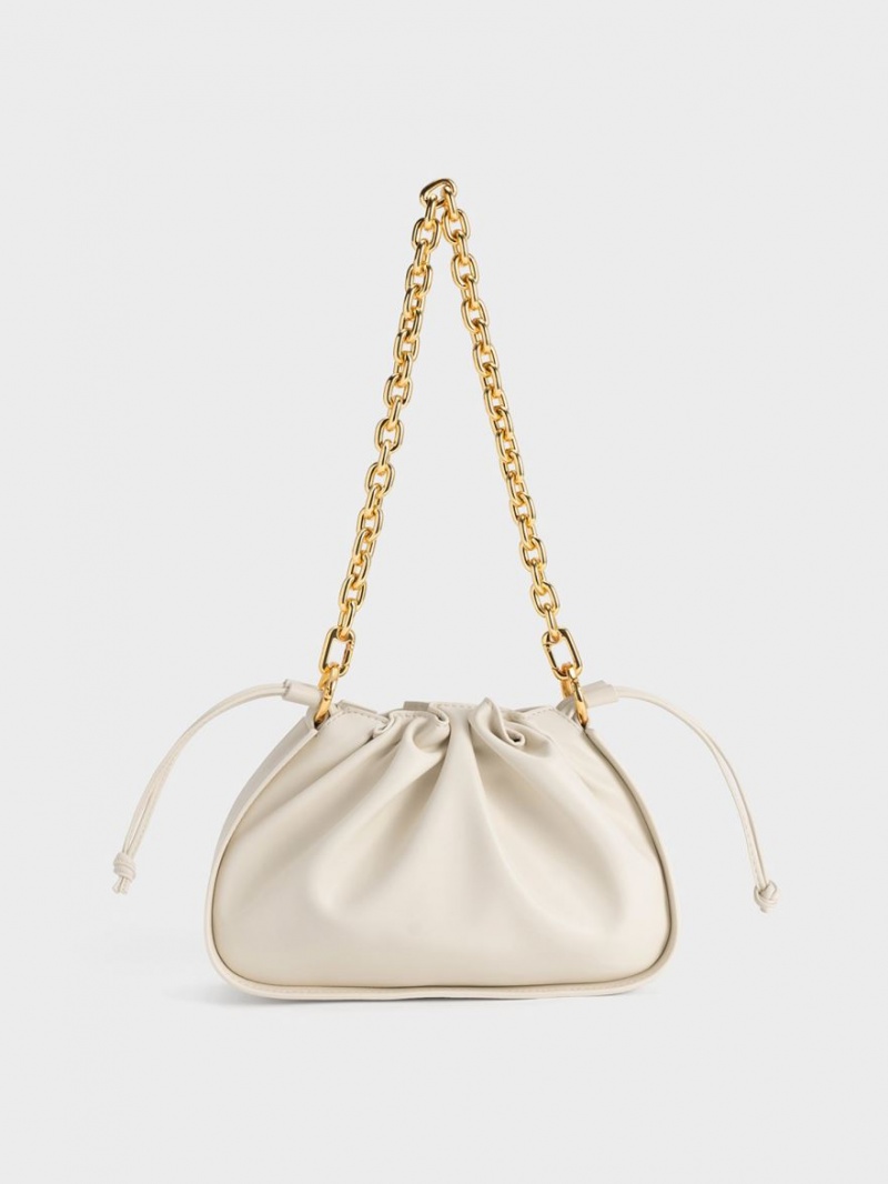 Charles And Keith Ruched Chain Handle Drawstring Shoulder Bags White | PHILIPPINES T392