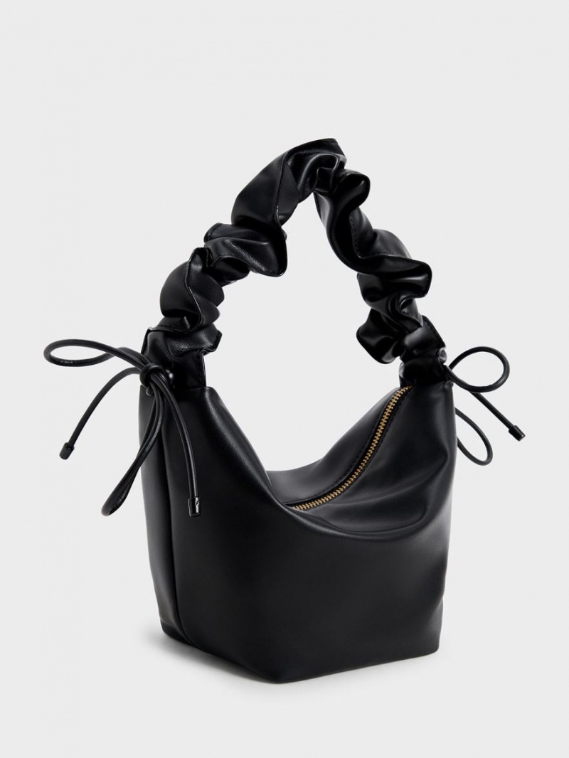 Charles And Keith Ruched Handle Hobo Bag Black | PHILIPPINES O457