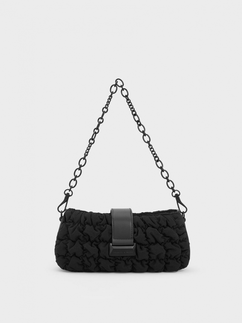 Charles And Keith Ruched Nylon Chain Handbag Black | PHILIPPINES M483