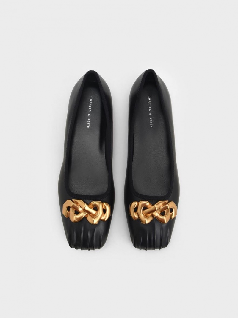 Charles And Keith Ruched Square-Toe Chunky Chain-Link Ballet Flats Black | PHILIPPINES U986