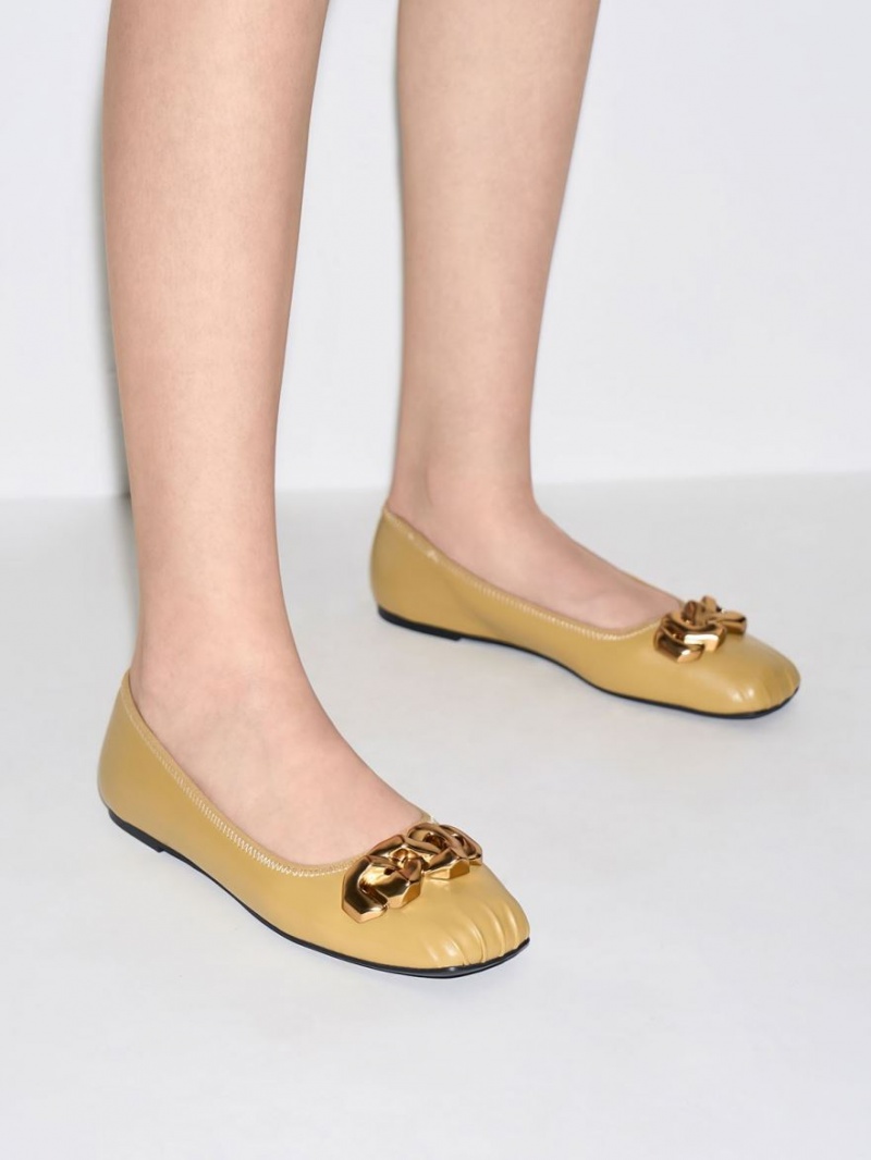 Charles And Keith Ruched Square-Toe Chunky Chain-Link Ballet Flats Mustard | PHILIPPINES X809