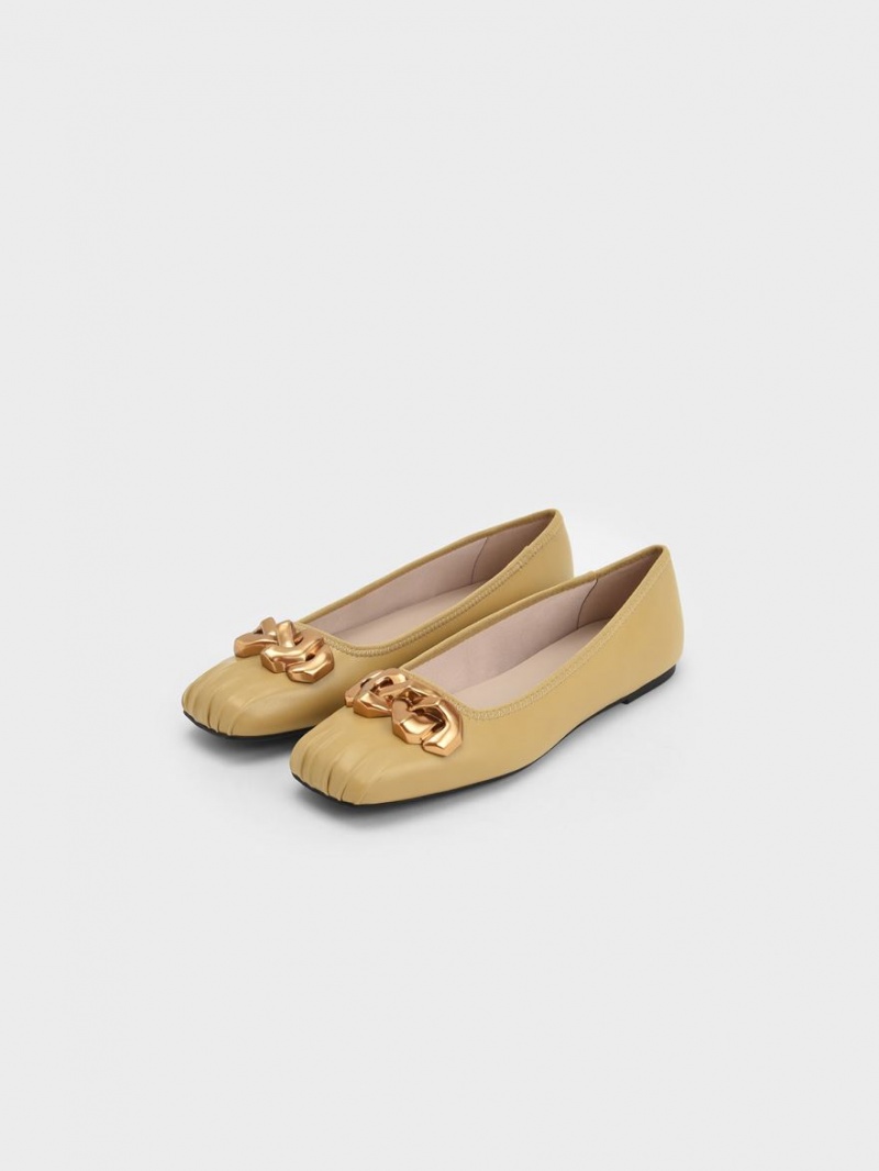 Charles And Keith Ruched Square-Toe Chunky Chain-Link Ballet Flats Mustard | PHILIPPINES X809