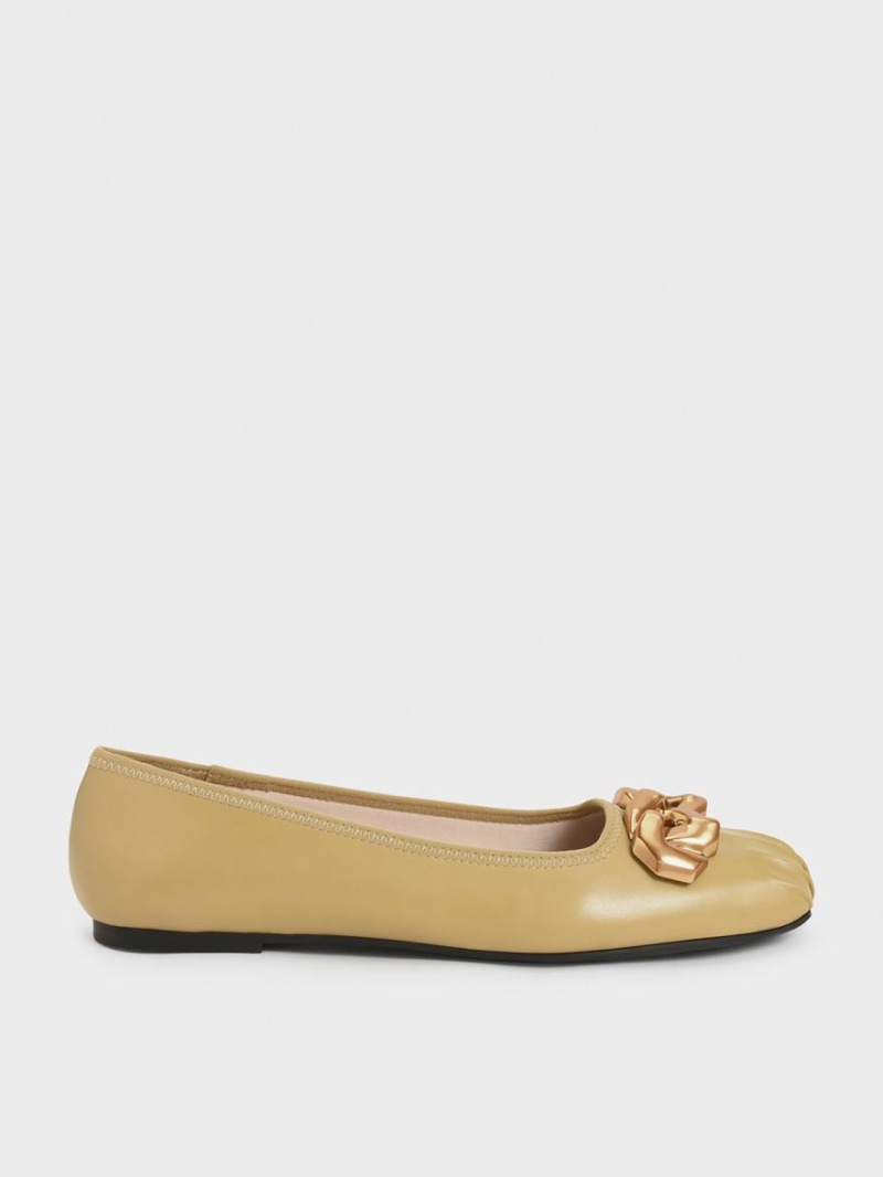 Charles And Keith Ruched Square-Toe Chunky Chain-Link Ballet Flats Mustard | PHILIPPINES X809