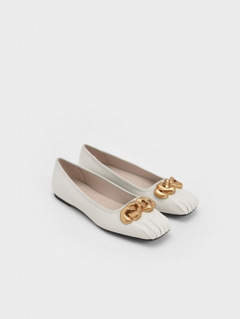 Charles And Keith Ruched Square-Toe Chunky Chain-Link Ballet Flats White | PHILIPPINES G419