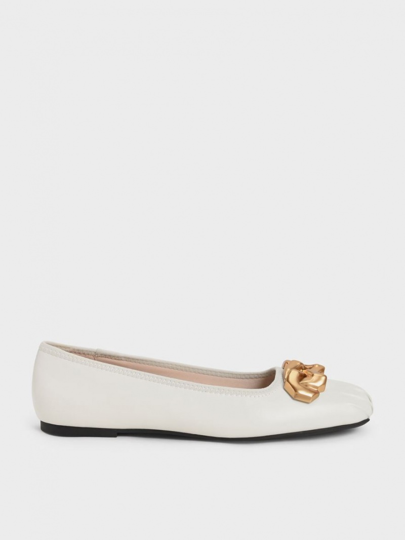 Charles And Keith Ruched Square-Toe Chunky Chain-Link Ballet Flats White | PHILIPPINES G419