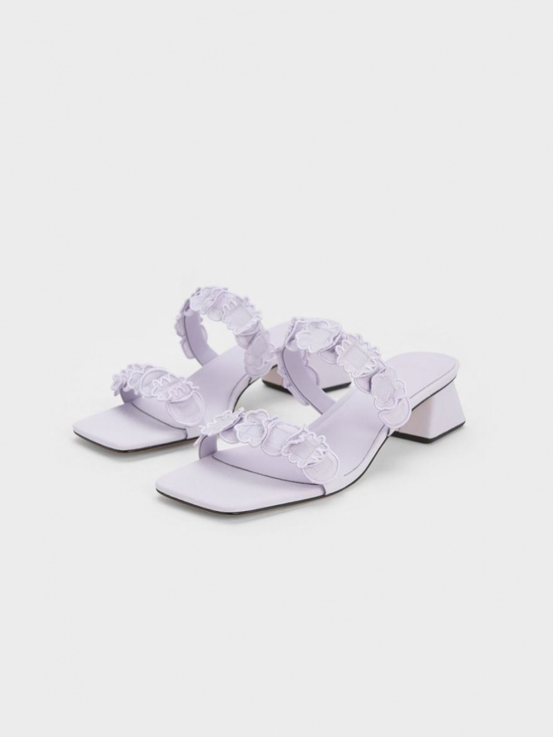 Charles And Keith Ruffled Cotton Heeled Mules Purple | PHILIPPINES U789